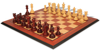 Marengo Staunton Chess Set in Padauk Boxwood with Padauk Birds Eye Maple Molded Edge Chess Board