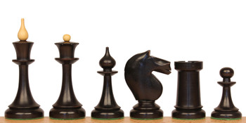 Soviet Era Latvian Antique Reproduction Chess Set Ebonized & Boxwood With Classic Walnut Chess Board