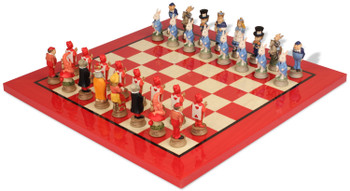 Alice In Wonderland Theme Chess Set With Red & Erable Deluxe Chess Board