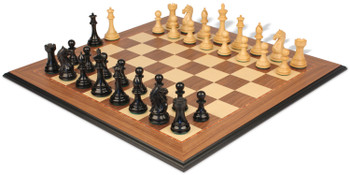 Fierce Knight Staunton Chess Set Ebonized & Boxwood Pieces With Walnut Molded Edge Chess Board - 4" King