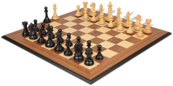 Fierce Knight Staunton Chess Set Ebonized & Boxwood Pieces With Walnut Molded Edge Chess Board - 3.5" King