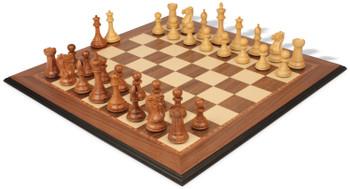 New Exclusive Staunton Chess Set Acacia & Boxwood Pieces with Walnut & Maple Molded Edge Board - 4" King