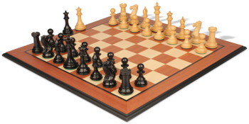 New Exclusive Staunton Chess Set Ebonized & Boxwood Pieces with Mahogany & Maple Molded Board - 3" King