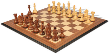 Fierce Knight Staunton Chess Set Golden Rosewood & Boxwood Pieces With Walnut Molded Edge Chess Board - 4" King