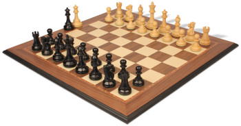 British Staunton Chess Set Ebony & Boxwood Pieces with Walnut & Maple Molded Edge Board - 4" King