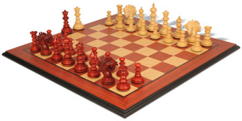 Strategos Staunton Chess Set in Padauk Boxwood with Padauk Birds Eye Maple Molded Edge Chess Board