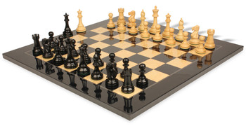 British Staunton Chess Set Ebony & Boxwood Pieces with Black & Ash Burl Board - 3.5" King