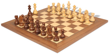 German Knight Staunton Chess Set Golden Rosewood & Boxwood Pieces with Deluxe Walnut Chess Board - 3.25" King