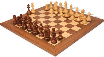 Deluxe Old Club Staunton Chess Set Golden Rosewood & Boxwood Pieces with Walnut & Maple Deluxe Chess Board - 3.75" King