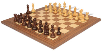 Deluxe Old Club Staunton Chess Set Golden Rosewood & Boxwood Pieces with Deluxe Walnut Chess Board - 3.25" King