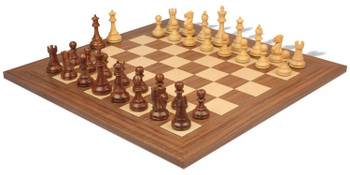 British Staunton Chess Set Golden Rosewood & Boxwood Pieces with Walnut & Maple Deluxe Board - 4" King