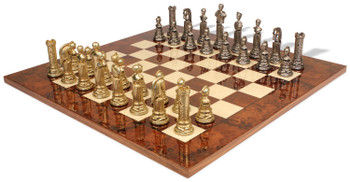 Caesar Theme Metal Chess Set with Walnut Burl Chess Board