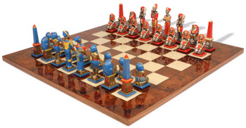 Large Egyptian Theme Hand Pained Metal Chess Set  with Walnut Burl Chess Board