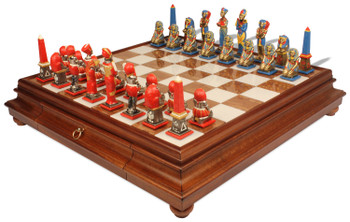 Italfama Egyptian Hand Painted Theme Chess Set with Tuscan Marble & Tilia Wood Chess Case