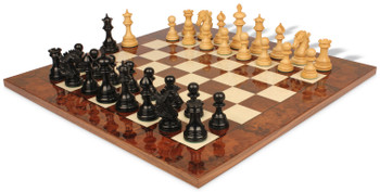 Wellington Staunton Chess Set Ebony & Boxwood Pieces with Walnut Burl & Whitened Birds Eye Maple Chess Board - 4.25" King