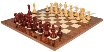 Bucephalus Staunton Chess Set Padauk & Boxwood Pieces with Walnut Burl Chess Board