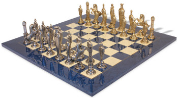 Renaissance Theme Metal Chess Set with Blue Ash Burl Chess Board