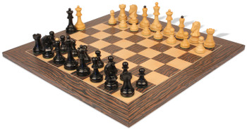 Dubrovnik Series Chess Set Ebonized & Boxwood Pieces with Deluxe Tiger Ebony & Maple Board - 3.9" King