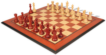 British Staunton Chess Set Padauk & Boxwood Pieces with Padauk & Birds Eye Maple Molded Edge Board- 4" King