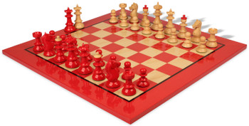 Vienna Coffee House Antique Reproduction Chess Set High Gloss Red & Boxwood Pieces with Red & Maple Chess Board - 4" King