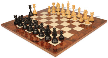 Colombian Knight Staunton Chess Set Ebony & Boxwood Pieces with Walnut Burl & Erable Chess Board