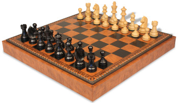 Queen's Gambit Chess Set Ebonized & Boxwood Pieces with Leatherette Chess Board - King