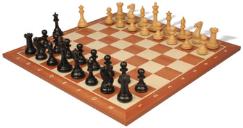 New Exclusive Staunton Chess Set Ebonized & Boxwood Pieces with Sunrise Mahogany Notated Chess Board  - 3.5" King