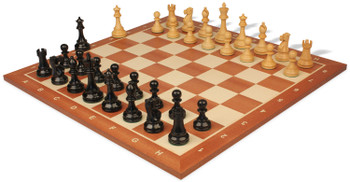 British Staunton Chess Set - Ebonized and Boxwood Pieces with Sunrise Mahogany Notated Chess Board with 3.5 inch King - Ebonized Boxwood Chess Sets Chess Sets