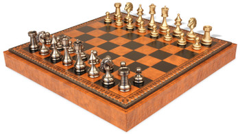 Large Classic Staunton Solid Brass Chess Set with Faux Leather Chess Board & Storage Tray