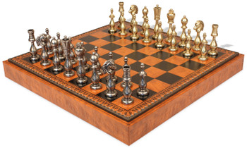 Large Arabesque Contemporary Staunton Metal Chess Set with Faux Leather Chess Board & Storage Tray