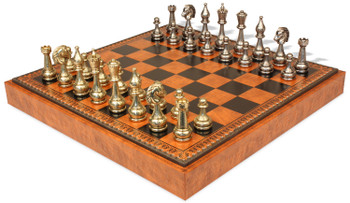 Large Arabesque Classic Staunton Metal Chess Set with Faux Leather Chess Board & Storage Tray