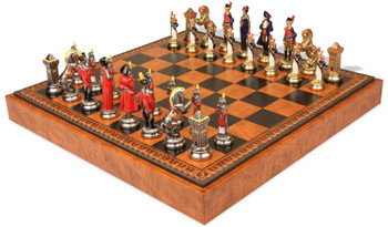 Large Napoleon Theme Hand Painted Metal Chess Set  with Faux Leather Chess Board & Storage Tray