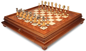 Large Contemporary Staunton Solid Brass & Wood Chess Set with Elm Burl Chess Case