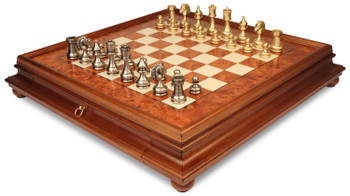 Large Classic Staunton Solid Brass Chess Set with Elm Burl Chess Case