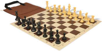 Standard Club Easy-Carry Triple Weighted Plastic Chess Set Black & Camel Pieces with Vinyl Rollup Board - Brown