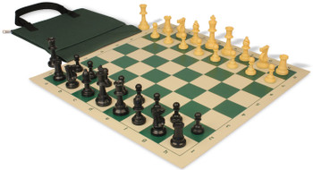 Standard Club Easy-Carry Triple Weighted Plastic Chess Set Black & Camel Pieces with Vinyl Rollup Board - Green