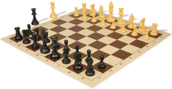 Standard Club Triple Weighted Plastic Chess Set Black & Camel Pieces with Vinyl Rollup Board - Brown