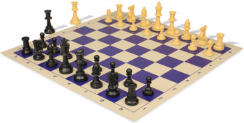 Standard Club Triple Weighted Plastic Chess Set Black & Camel Pieces with Vinyl Rollup Board - Blue