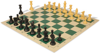 Standard Club Triple Weighted Plastic Chess Set Black & Camel Pieces with Vinyl Rollup Board - Green