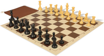 Standard Club Classroom Triple Weighted Plastic Chess Set Black & Camel Pieces with Vinyl Rollup Board - Brown