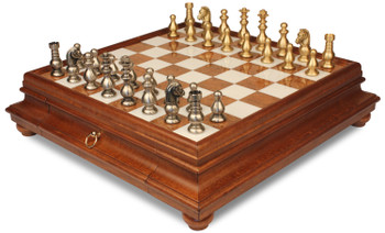 Classic French Staunton Brass Chess Set with Tuscan Marble Chess Case