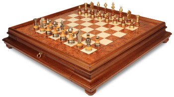 Silhouette Knight Brass & Wood Chess Set with Elm Burl Chess Case