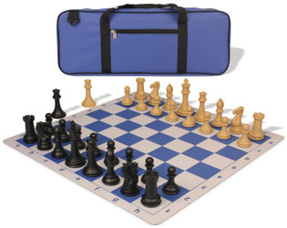 Professional Deluxe Carry-All Plastic Chess Set Black & Camel Pieces with Lightweight Floppy Board - Blue