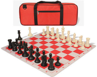 Professional Deluxe Carry-All Plastic Chess Set Black and Ivory Pieces with Lightweight Floppy Board - Red - Plastic Chess Sets with Thin Floppy Board Chess Sets