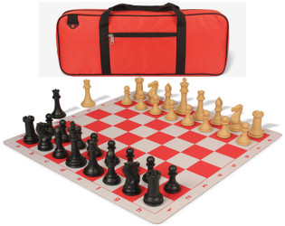 Professional Deluxe Carry-All Plastic Chess Set Black and Camel Pieces with Lightweight Floppy Board - Red - Plastic Chess Sets with Thin Floppy Board Chess Sets