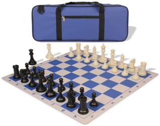 Conqueror Deluxe Carry-All Plastic Chess Set Black & Ivory Pieces with Lightweight Floppy Board - Royal Blue