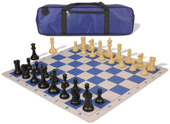 Conqueror Carry-All Plastic Chess Set Black & Camel Pieces with Lightweight Floppy Board - Royal Blue