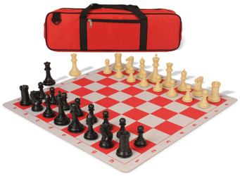 Conqueror Large Carry-All Plastic Chess Set Black & Camel Pieces with Lightweight Floppy Board - Red