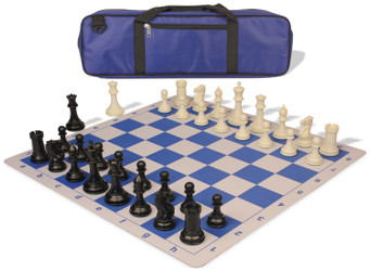 Conqueror Carry-All Plastic Chess Set Black & Ivory Pieces with Lightweight Floppy Board - Royal Blue