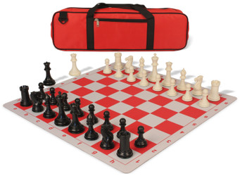 Conqueror Large Carry-All Plastic Chess Set Black & Ivory Pieces with Lightweight Floppy Board - Red